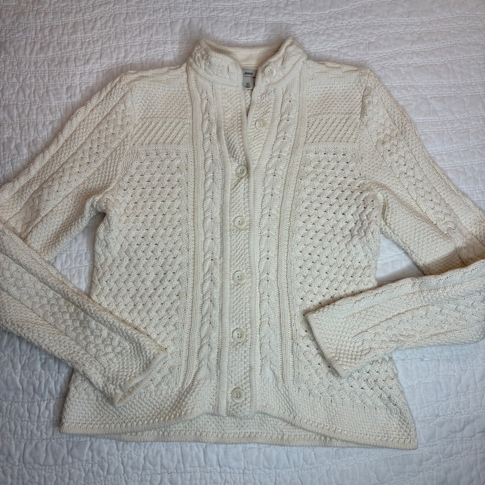 LL Bean Heritage Heavyweight Cotton Fisherman Cardigan Sweater Cream Cable XS